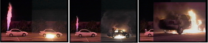Figure 1 - Left: 3 seconds after ignition. Centre: 1 minute after ignition. Right: 1.5 minutes after ignition.
Left car – Hydrogen; Right car – Gasoline.